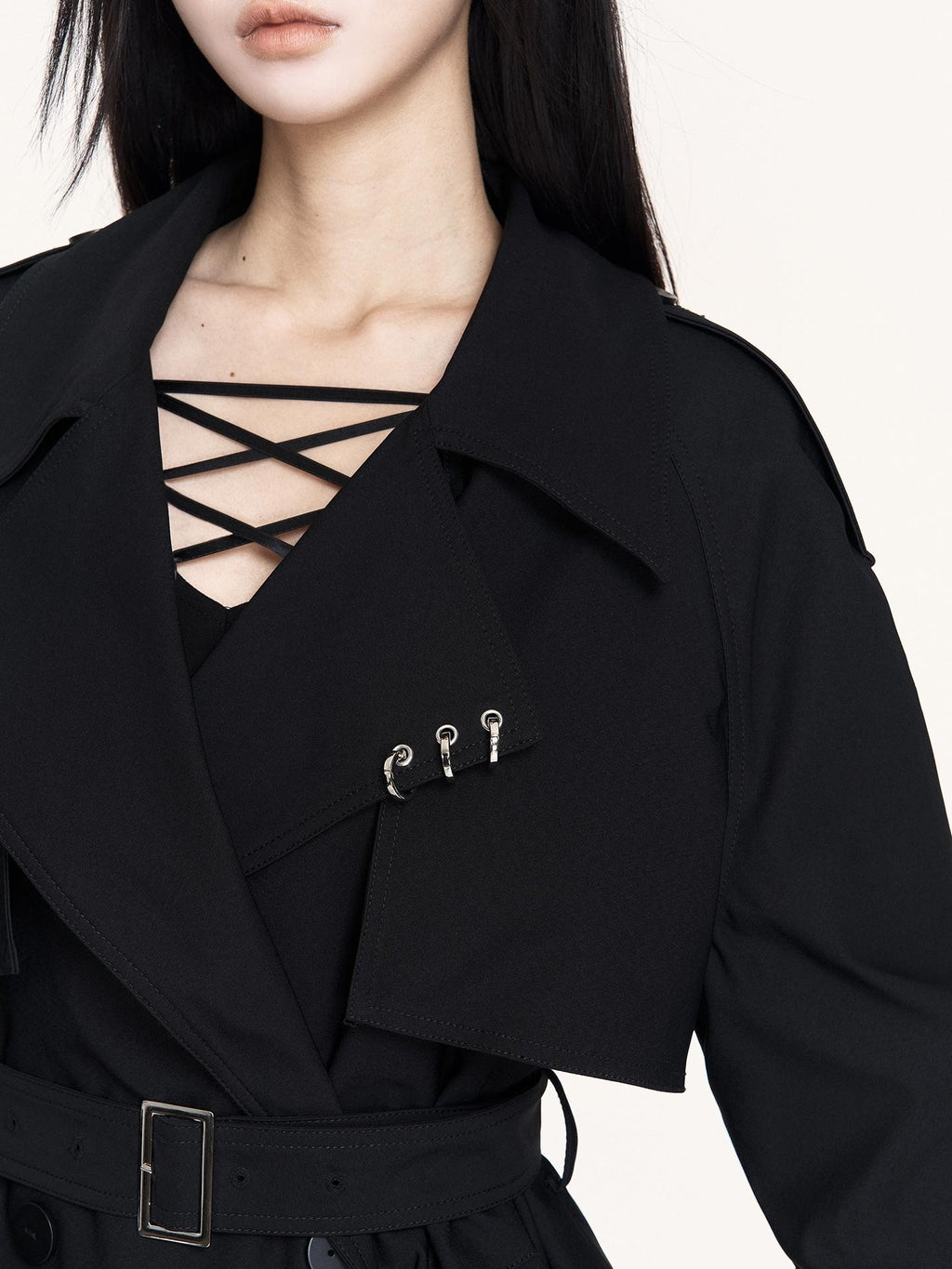 VOCK Structured Shoulder Epaulette Belted Short Women's Polyester Trench Coats