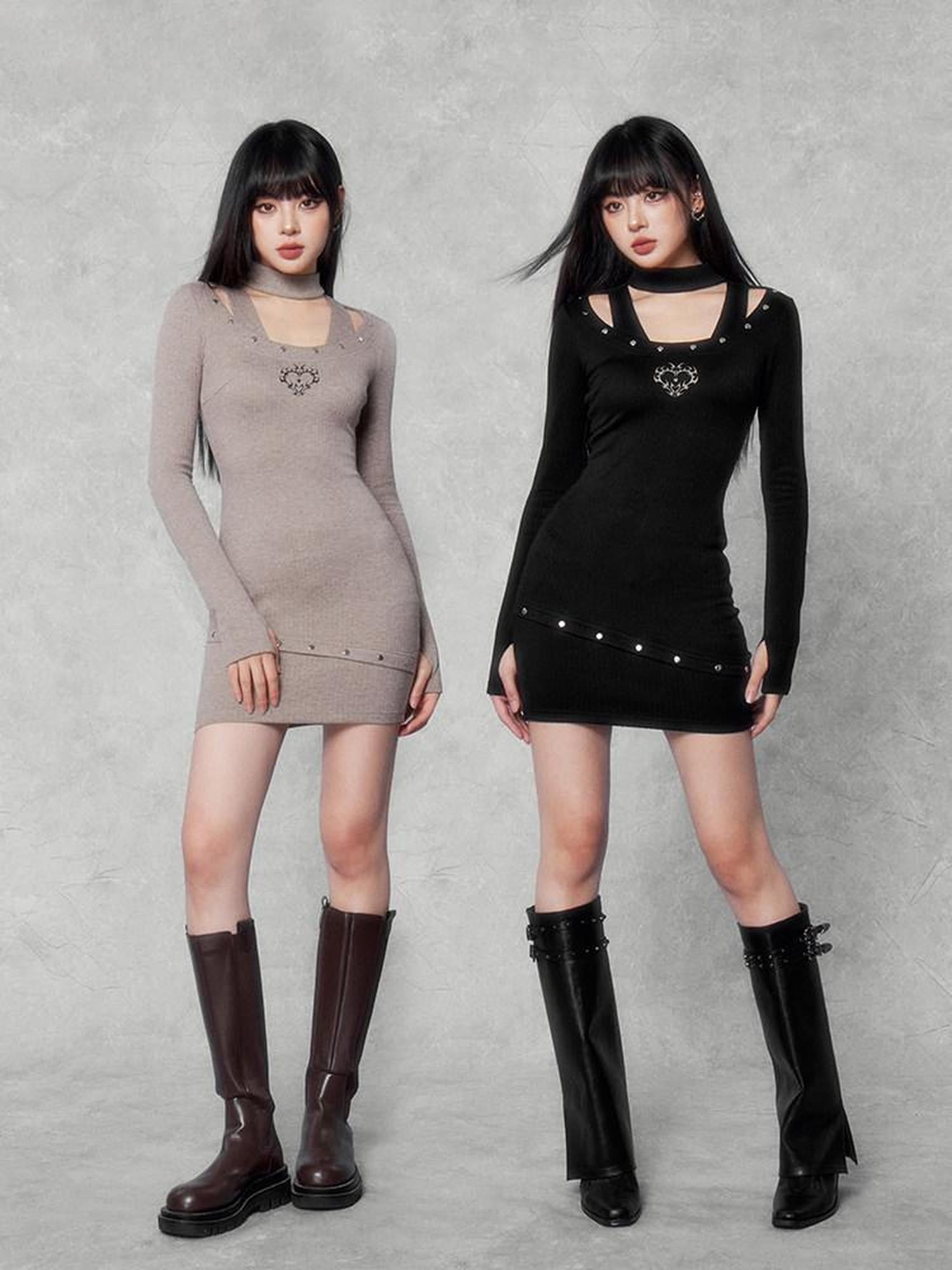 VOCK Studded Halter Waist Cinch Long Sleeve Women's Cotton Blend Bodycon Mini Dresses