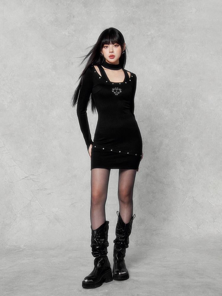VOCK Studded Halter Waist Cinch Long Sleeve Women's Cotton Blend Bodycon Mini Dresses