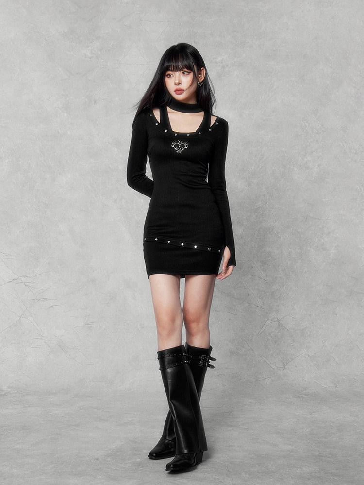VOCK Studded Halter Waist Cinch Long Sleeve Women's Cotton Blend Bodycon Mini Dresses