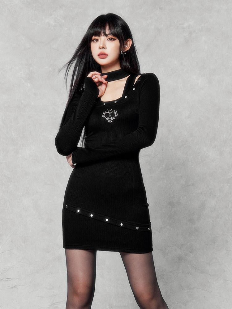 VOCK Studded Halter Waist Cinch Long Sleeve Women's Cotton Blend Bodycon Mini Dresses