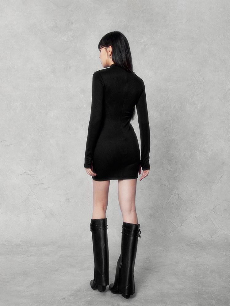 VOCK Studded Halter Waist Cinch Long Sleeve Women's Cotton Blend Bodycon Mini Dresses