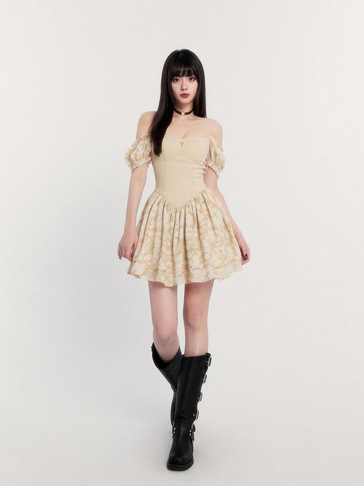 VOCK Sunset Rose Tie Dye Puff Sleeve High Waist Women's Polyester Tube Mini Dresses
