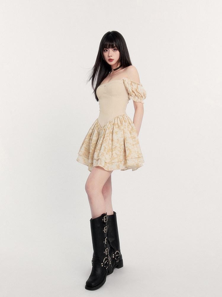 VOCK Sunset Rose Tie Dye Puff Sleeve High Waist Women's Polyester Tube Mini Dresses
