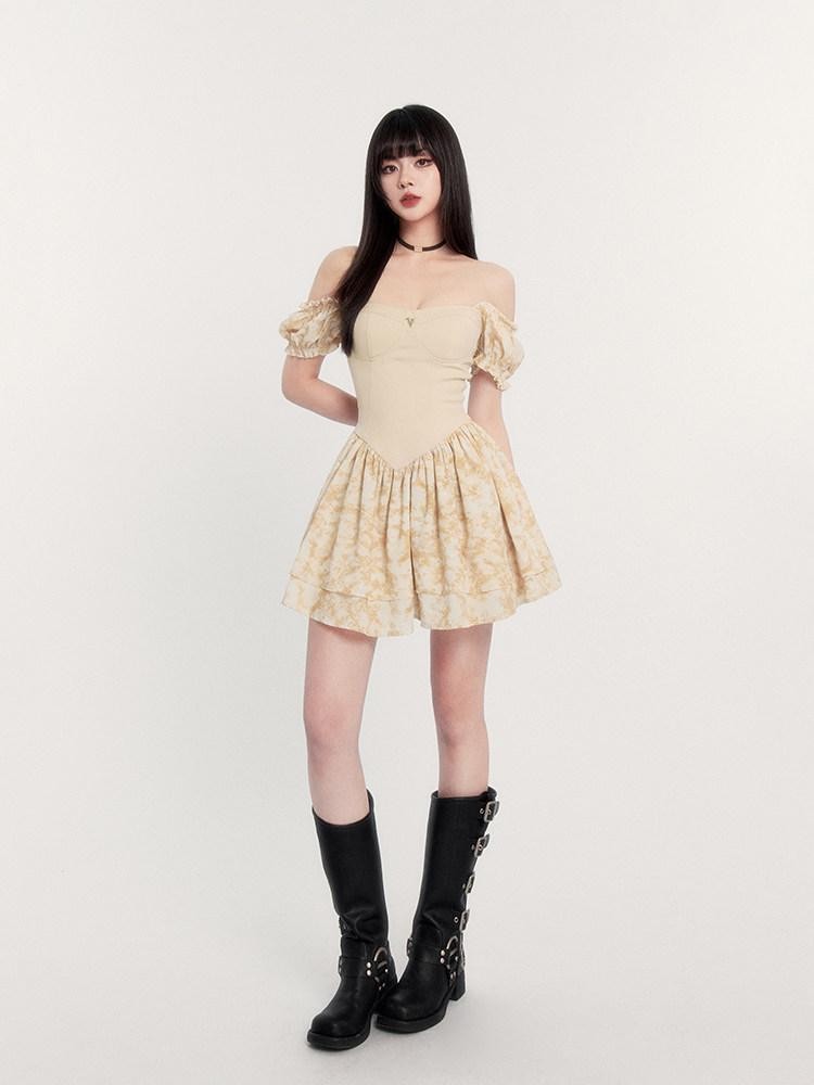 VOCK Sunset Rose Tie Dye Puff Sleeve High Waist Women's Polyester Tube Mini Dresses