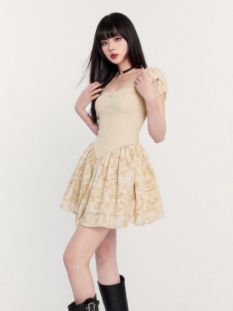 VOCK Sunset Rose Tie Dye Puff Sleeve High Waist Women's Polyester Tube Mini Dresses
