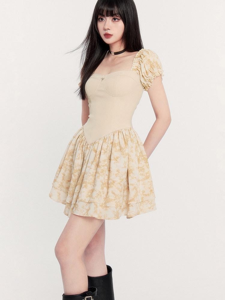 VOCK Sunset Rose Tie Dye Puff Sleeve High Waist Women's Polyester Tube Mini Dresses