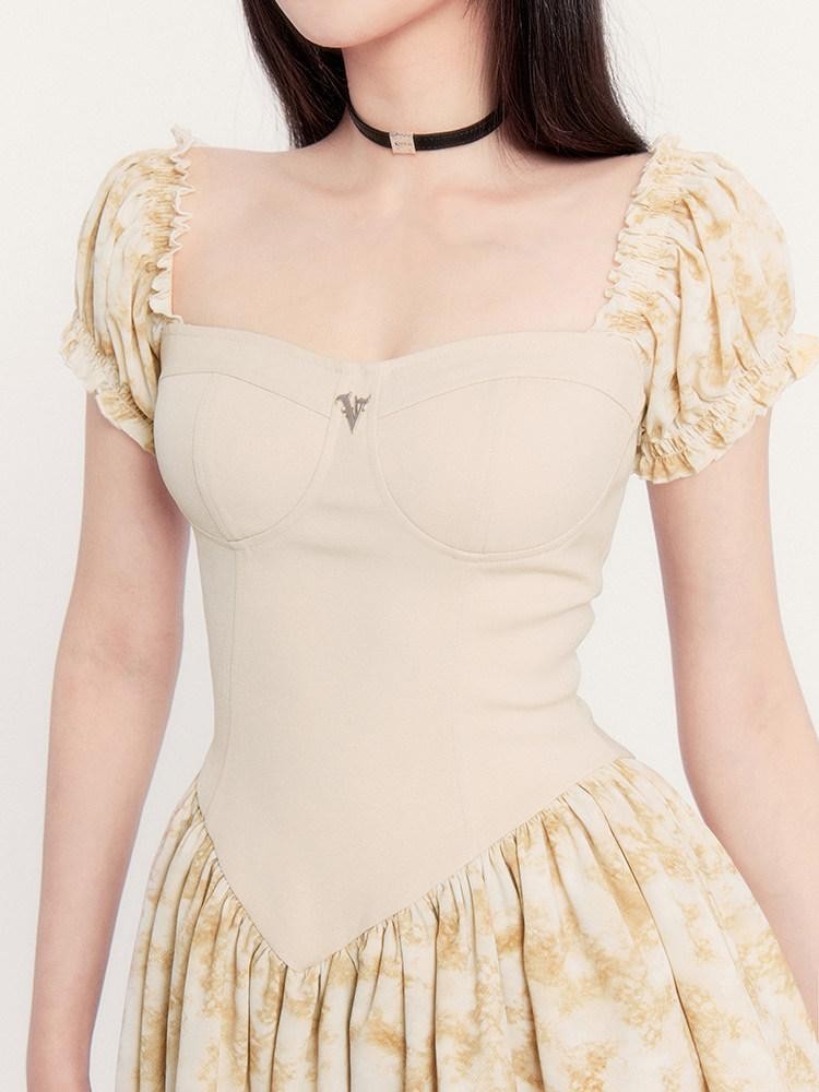 VOCK Sunset Rose Tie Dye Puff Sleeve High Waist Women's Polyester Tube Mini Dresses