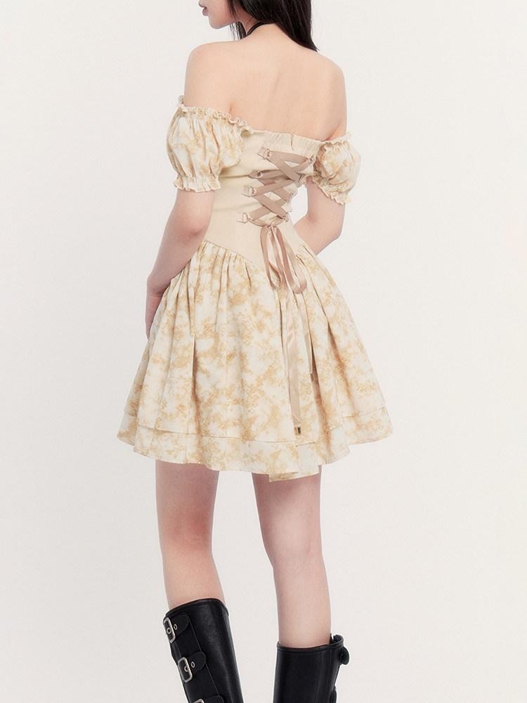 VOCK Sunset Rose Tie Dye Puff Sleeve High Waist Women's Polyester Tube Mini Dresses
