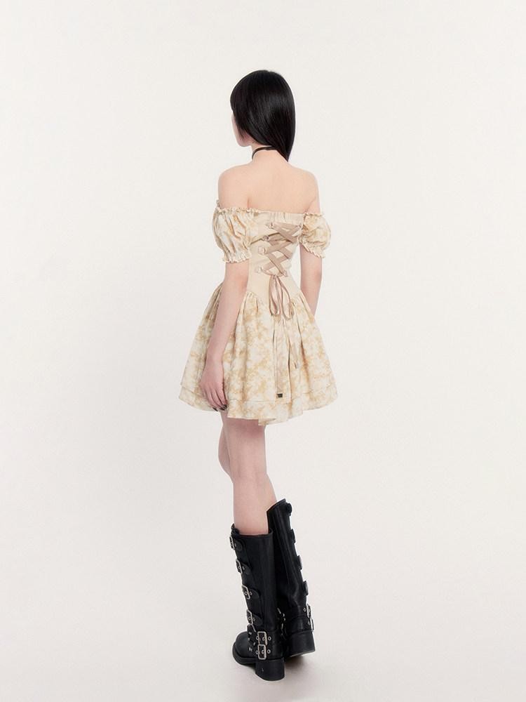 VOCK Sunset Rose Tie Dye Puff Sleeve High Waist Women's Polyester Tube Mini Dresses