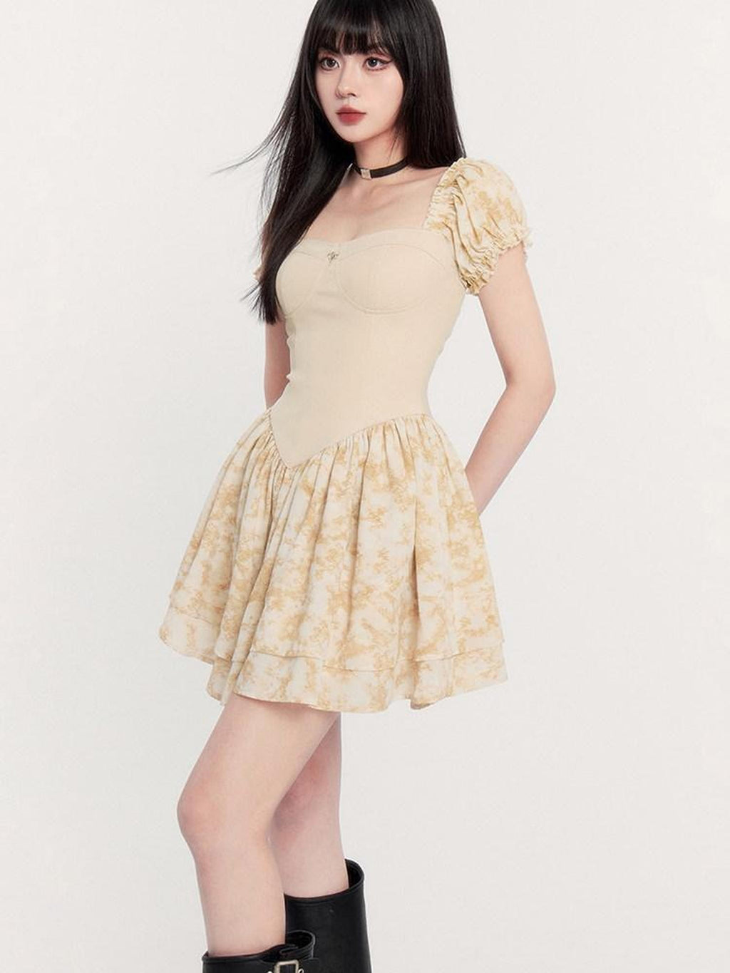 VOCK Sunset Rose Tie Dye Puff Sleeve High Waist Women's Polyester Tube Mini Dresses