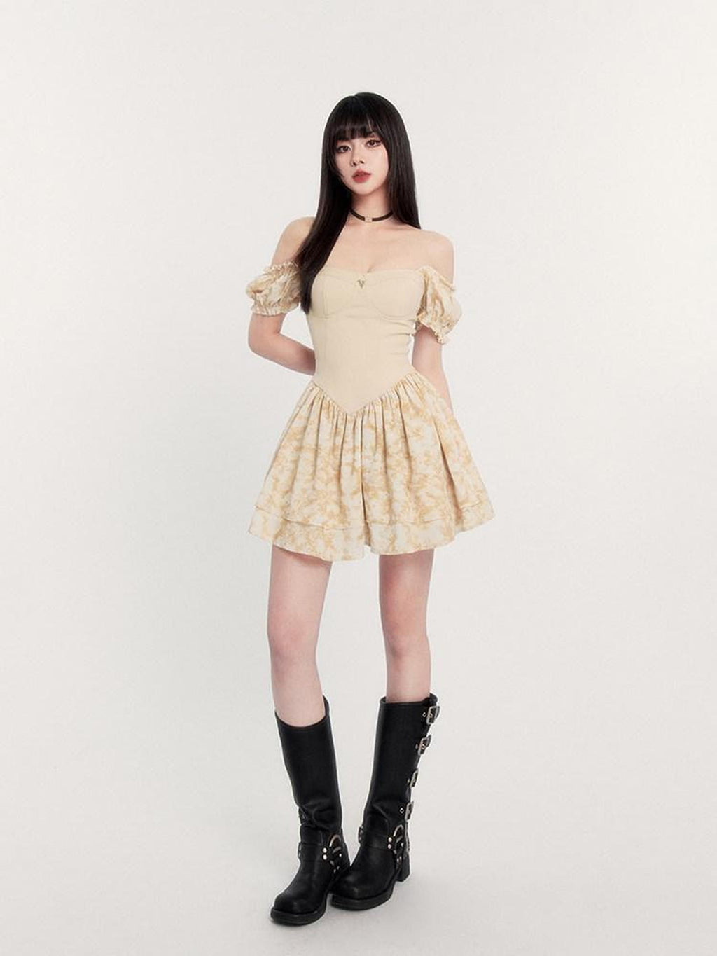 VOCK Sunset Rose Tie Dye Puff Sleeve High Waist Women's Polyester Tube Mini Dresses