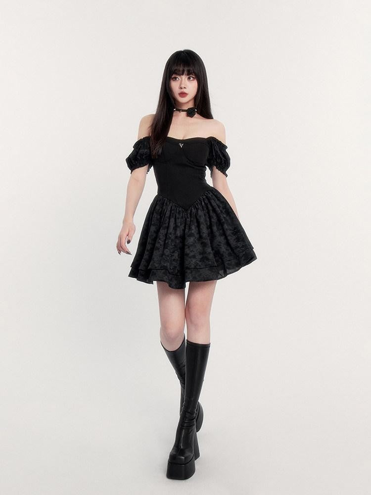 VOCK Sunset Rose Tie Dye Puff Sleeve High Waist Women's Polyester Tube Mini Dresses