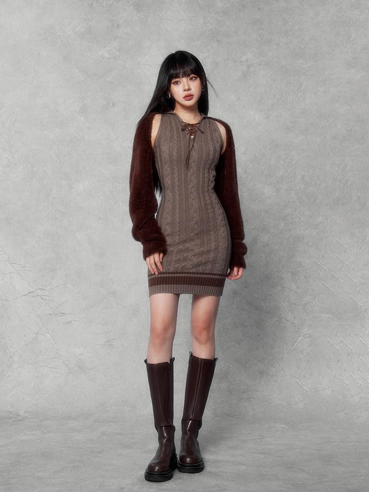VOCK Sweet Cable Knit Square Neck Two Piece Women's Viscose Blend Slip Mini Dresses