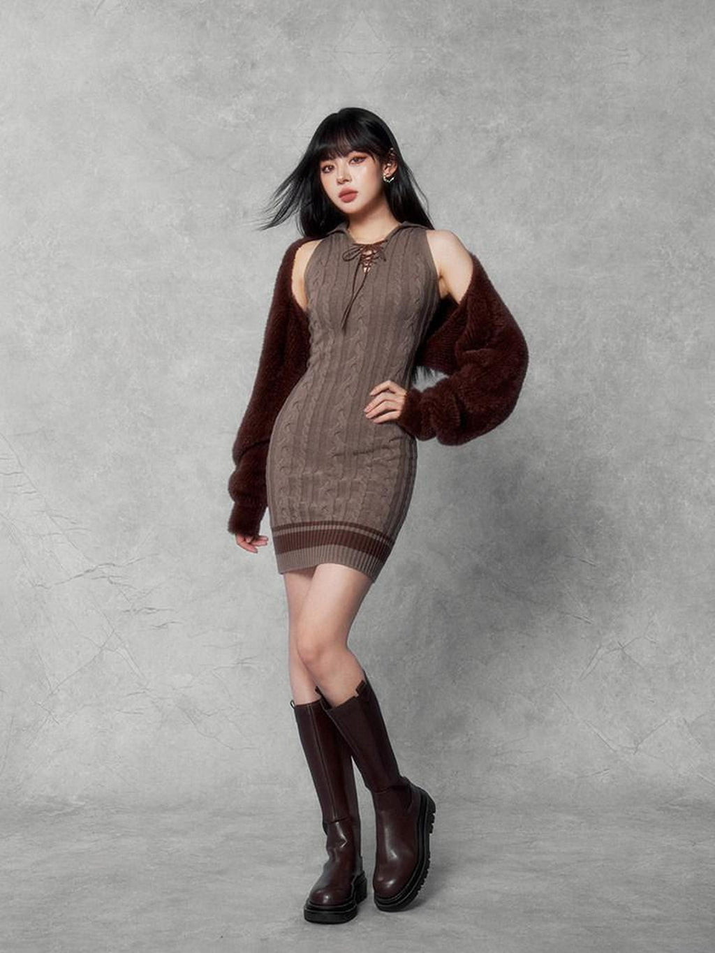 VOCK Sweet Cable Knit Square Neck Two Piece Women's Viscose Blend Slip Mini Dresses