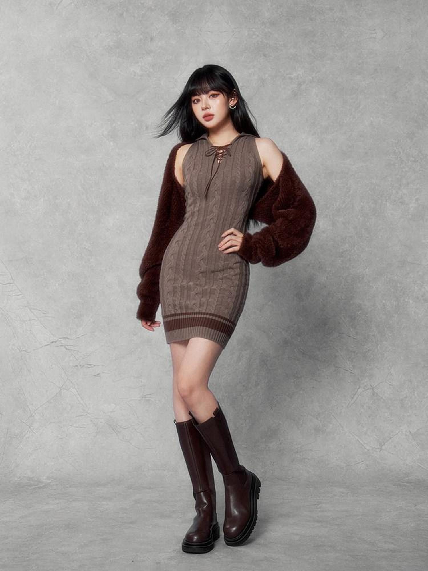 VOCK Sweet Cable Knit Square Neck Two Piece Women's Viscose Blend Slip Mini Dresses