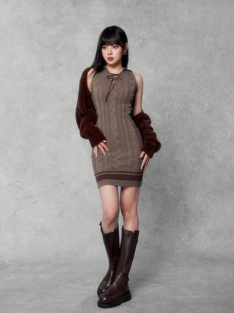 VOCK Sweet Cable Knit Square Neck Two Piece Women's Viscose Blend Slip Mini Dresses