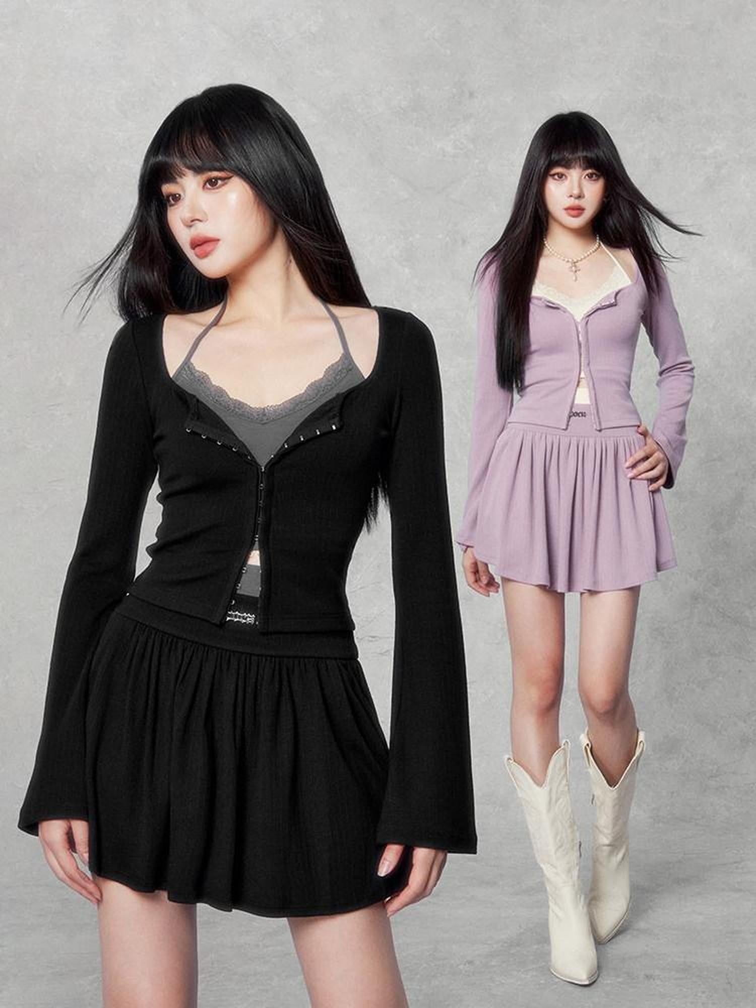 VOCK Sweetheart Swirl Contrast Cardigan Camisole Waist Women's Matching Skirt Sets