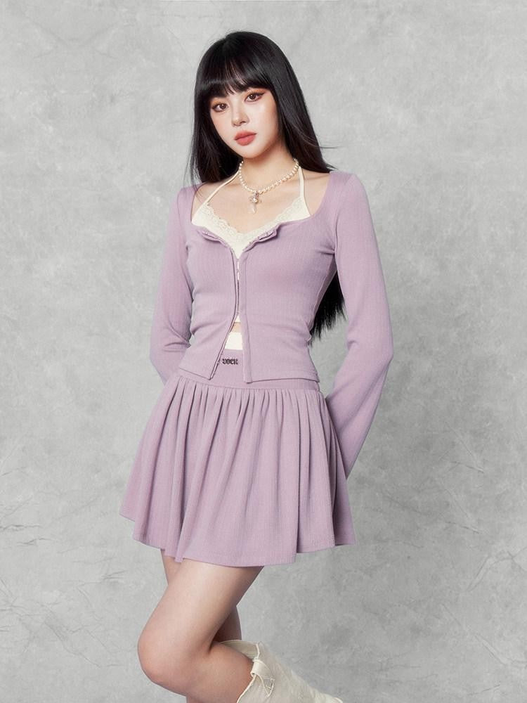 VOCK Sweetheart Swirl Contrast Cardigan Camisole Waist Women's Matching Skirt Sets