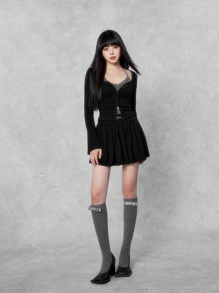VOCK Sweetheart Swirl Contrast Cardigan Camisole Waist Women's Matching Skirt Sets