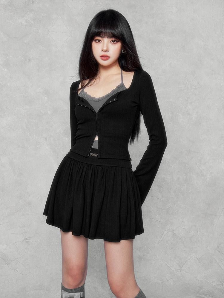 VOCK Sweetheart Swirl Contrast Cardigan Camisole Waist Women's Matching Skirt Sets