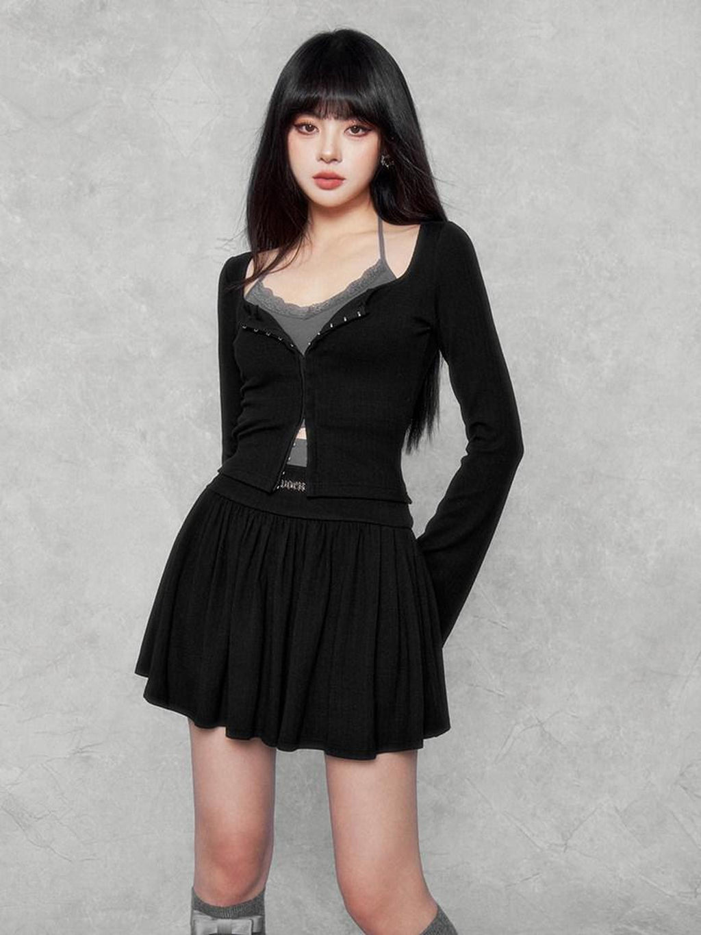 VOCK Sweetheart Swirl Contrast Cardigan Camisole Waist Women's Matching Skirt Sets