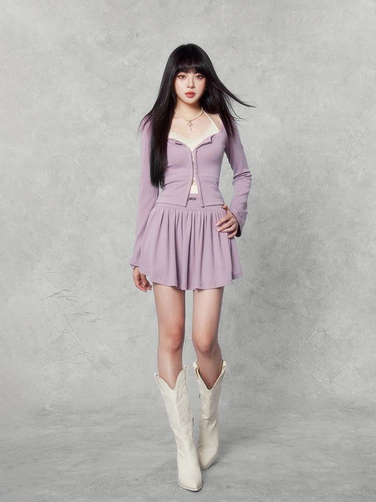 VOCK Sweetheart Swirl Contrast Cardigan Camisole Waist Women's Matching Skirt Sets