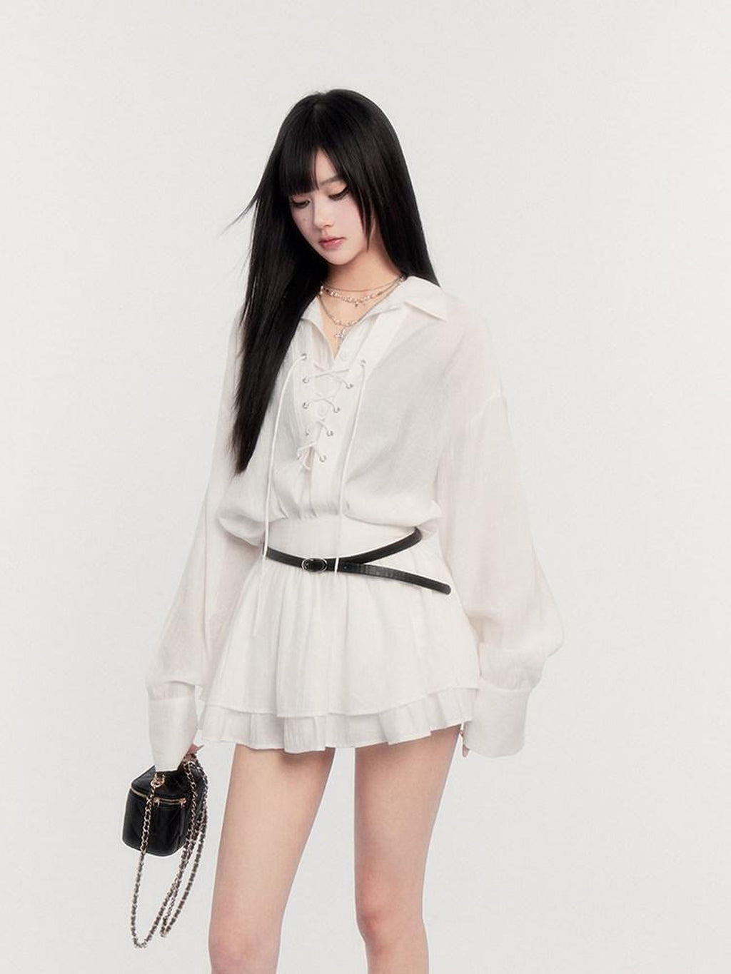 VOCK Textured Ruffled French Loose Buttoned Shirt Collar Women's Matching Skirt Sets