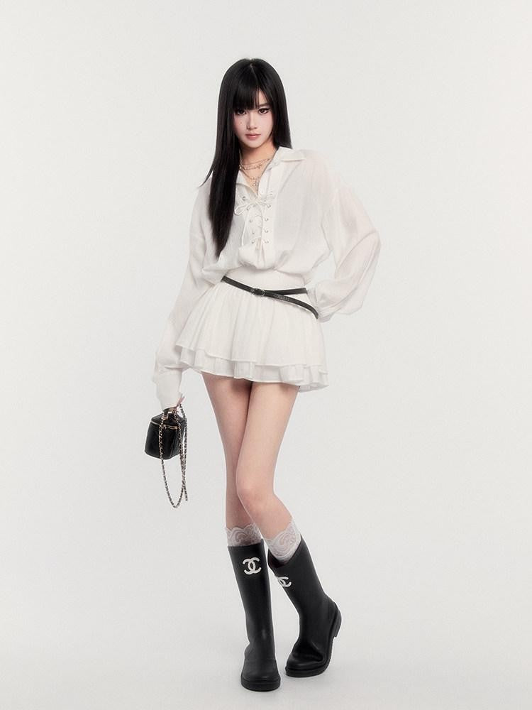 VOCK Textured Ruffled French Loose Buttoned Shirt Collar Women's Matching Skirt Sets