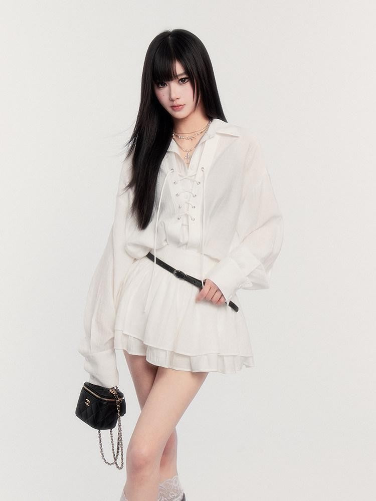 VOCK Textured Ruffled French Loose Buttoned Shirt Collar Women's Matching Skirt Sets