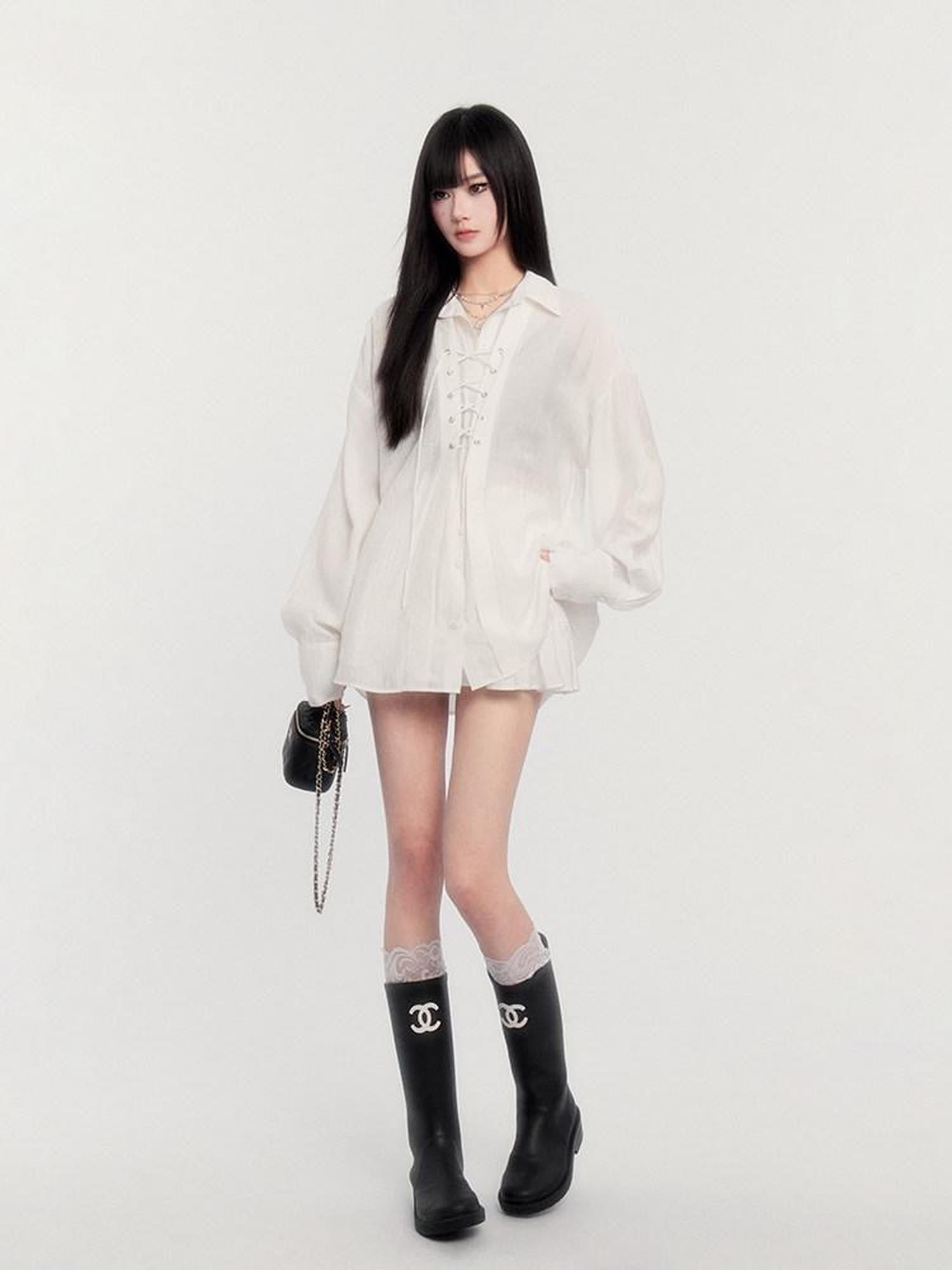 VOCK Textured Ruffled French Loose Buttoned Shirt Collar Women's Matching Skirt Sets