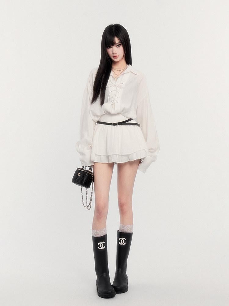 VOCK Textured Ruffled French Loose Buttoned Shirt Collar Women's Matching Skirt Sets