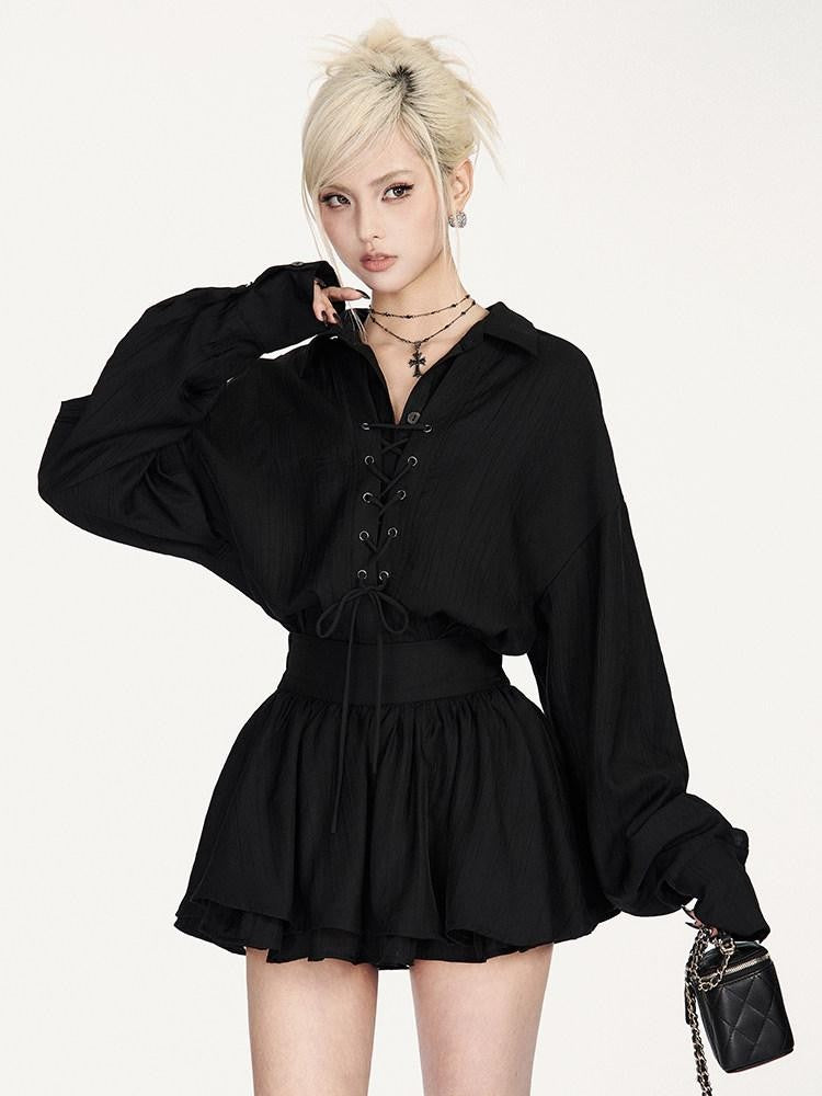 VOCK Tie Waist Button Polo Collar Long Sleeve Textured Women's Matching Skirt Sets