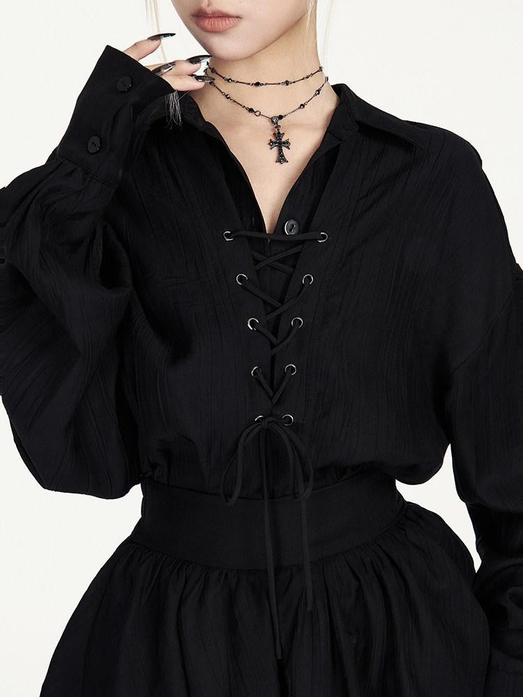 VOCK Tie Waist Button Polo Collar Long Sleeve Textured Women's Matching Skirt Sets
