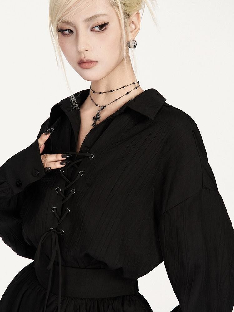 VOCK Tie Waist Button Polo Collar Long Sleeve Textured Women's Matching Skirt Sets