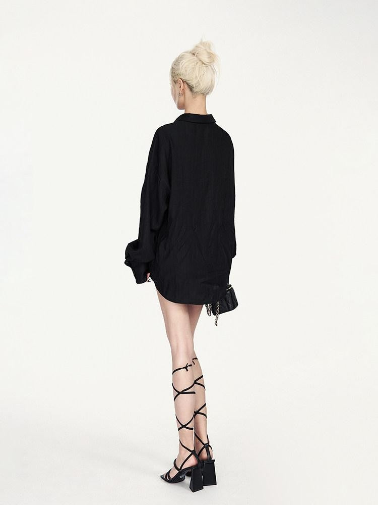 VOCK Tie Waist Button Polo Collar Long Sleeve Textured Women's Matching Skirt Sets