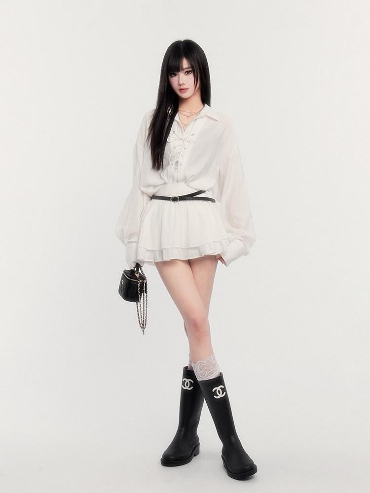 VOCK Tie Waist Button Polo Collar Long Sleeve Textured Women's Matching Skirt Sets