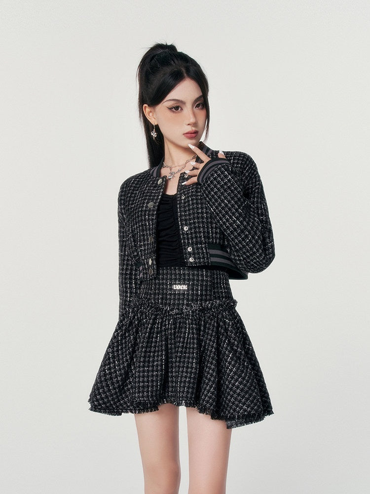 VOCK_Tweed_Cropped_Baseball_Jacket_High_Waist_Women's_Polyester_Matching_Skirt_Sets_687444606247_MISSTT