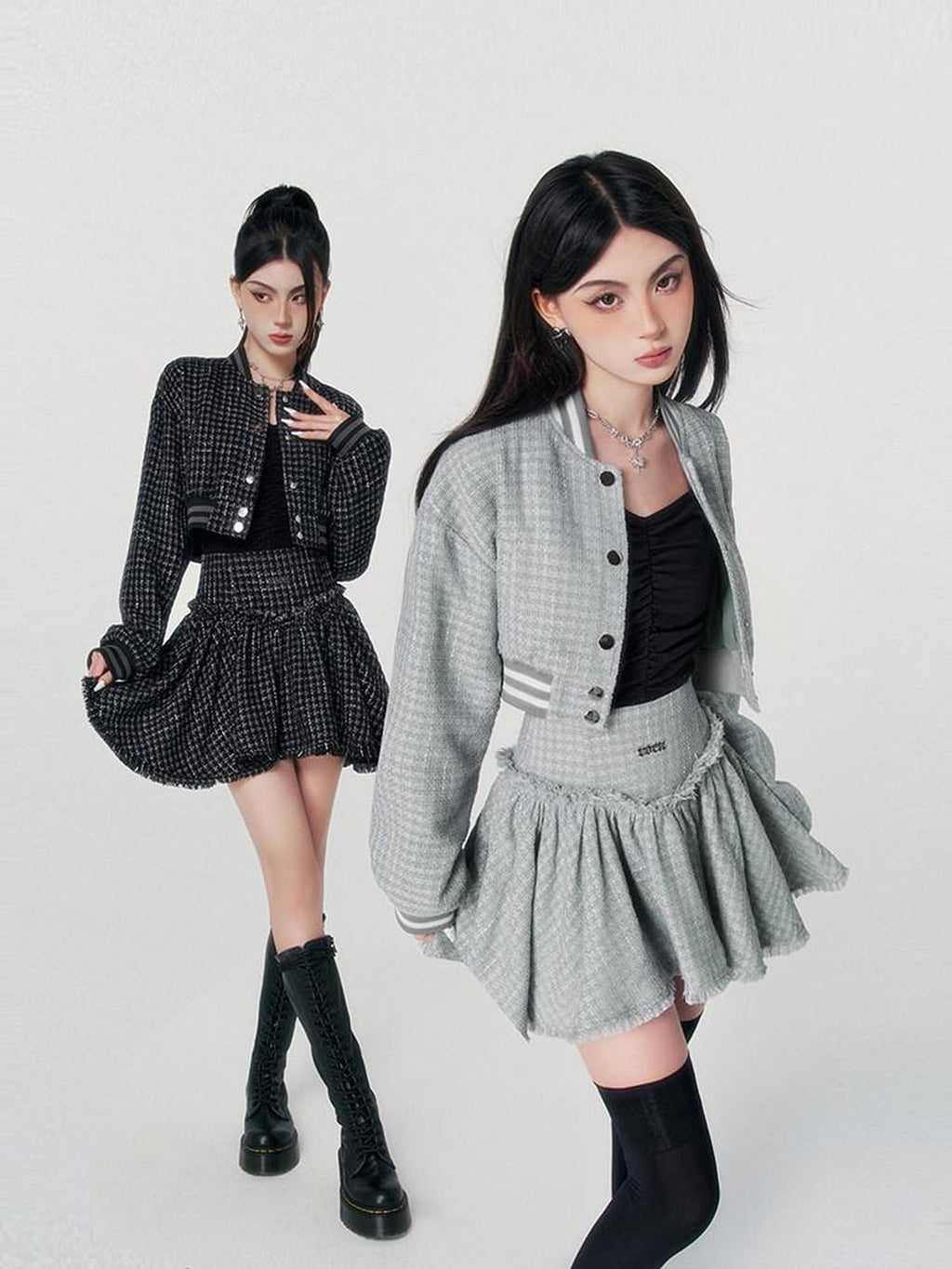 VOCK Tweed Cropped Baseball Jacket High Waist Women's Polyester Matching Skirt Sets