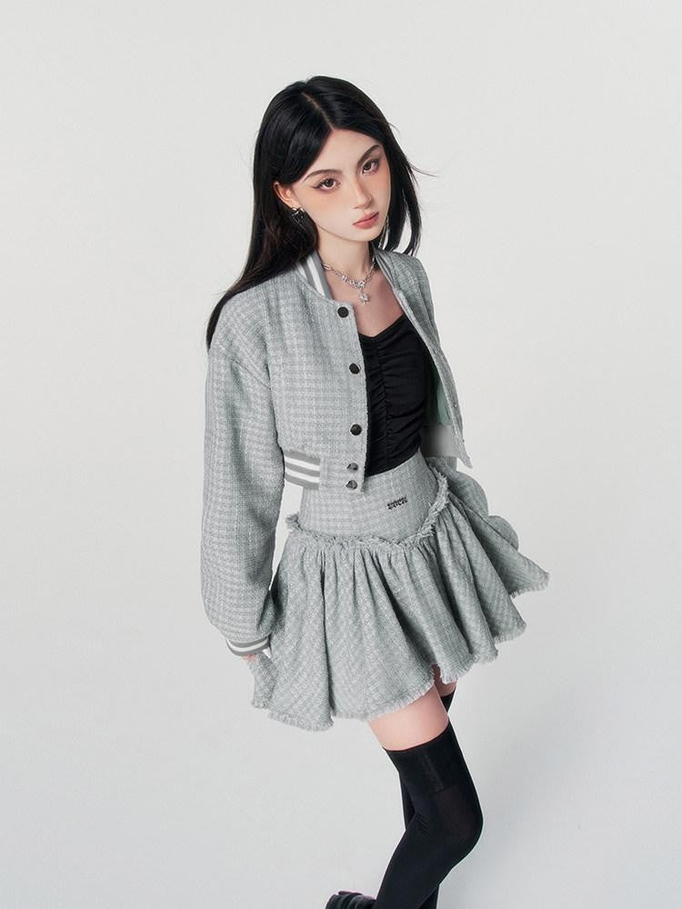 VOCK Tweed Cropped Baseball Jacket High Waist Women's Polyester Matching Skirt Sets