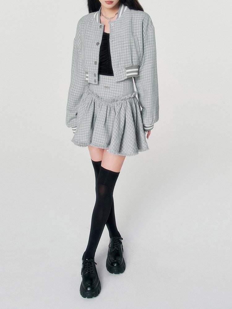 VOCK Tweed Cropped Baseball Jacket High Waist Women's Polyester Matching Skirt Sets