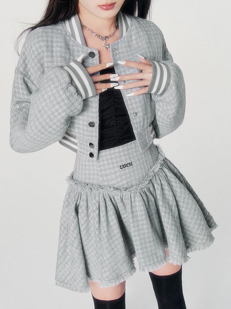 VOCK Tweed Cropped Baseball Jacket High Waist Women's Polyester Matching Skirt Sets