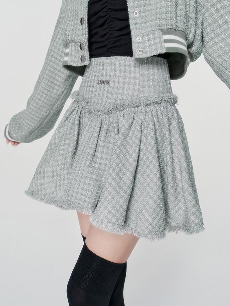 VOCK Tweed Cropped Baseball Jacket High Waist Women's Polyester Matching Skirt Sets