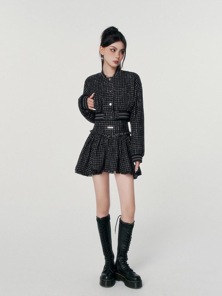 VOCK Tweed Cropped Baseball Jacket High Waist Women's Polyester Matching Skirt Sets
