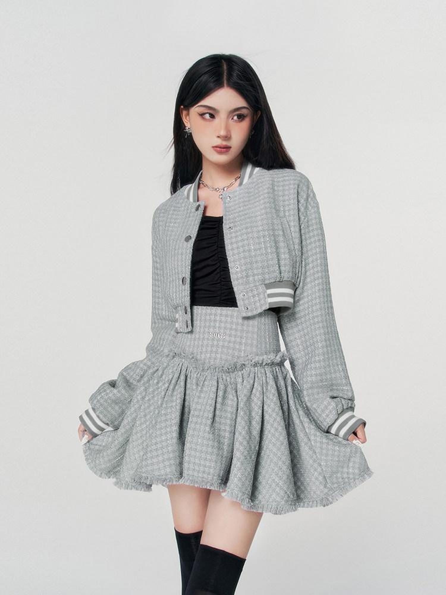 VOCK Tweed Cropped Baseball Jacket High Waist Women's Polyester Matching Skirt Sets