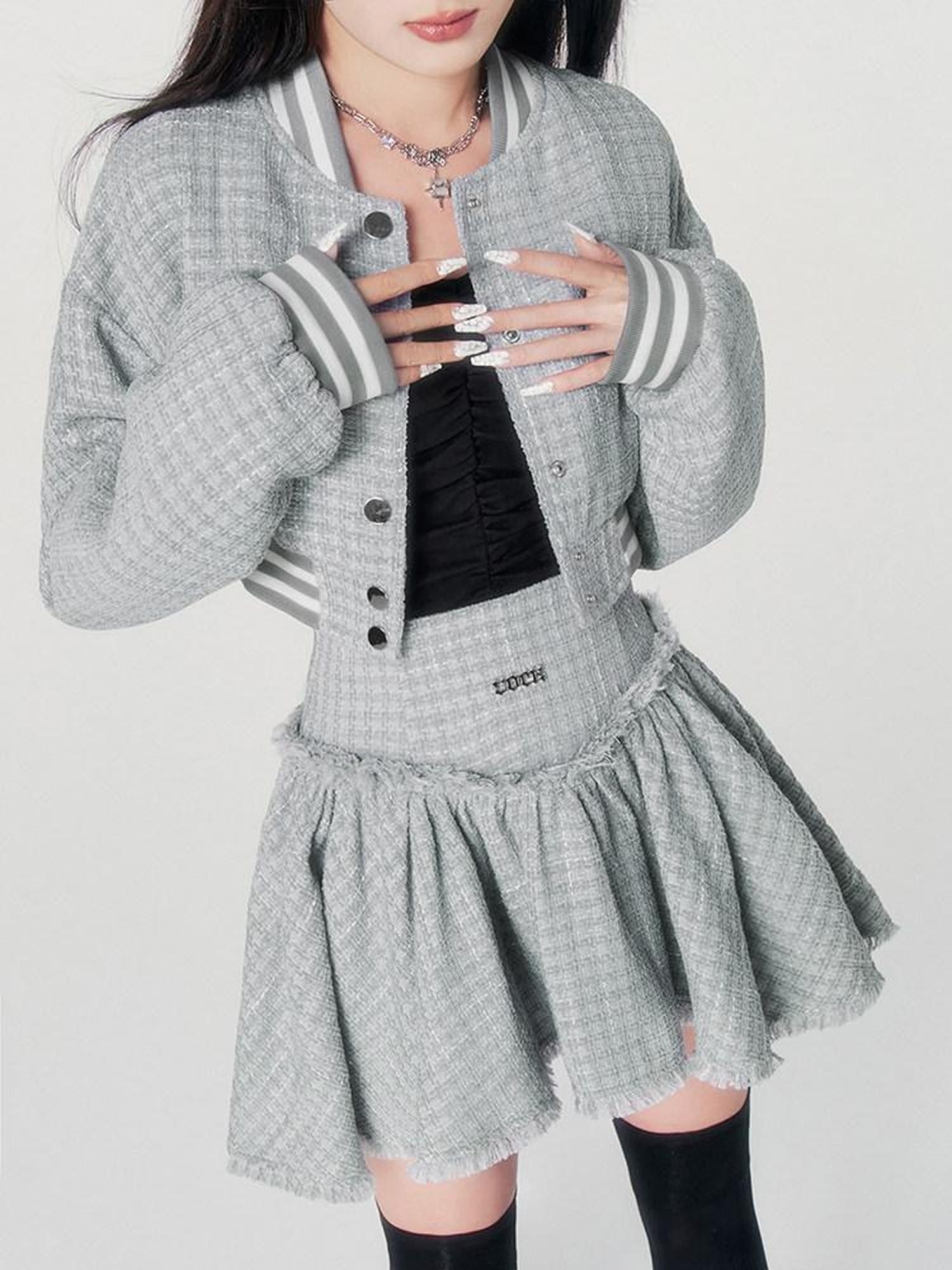 VOCK Tweed Cropped Baseball Jacket High Waist Women's Polyester Matching Skirt Sets