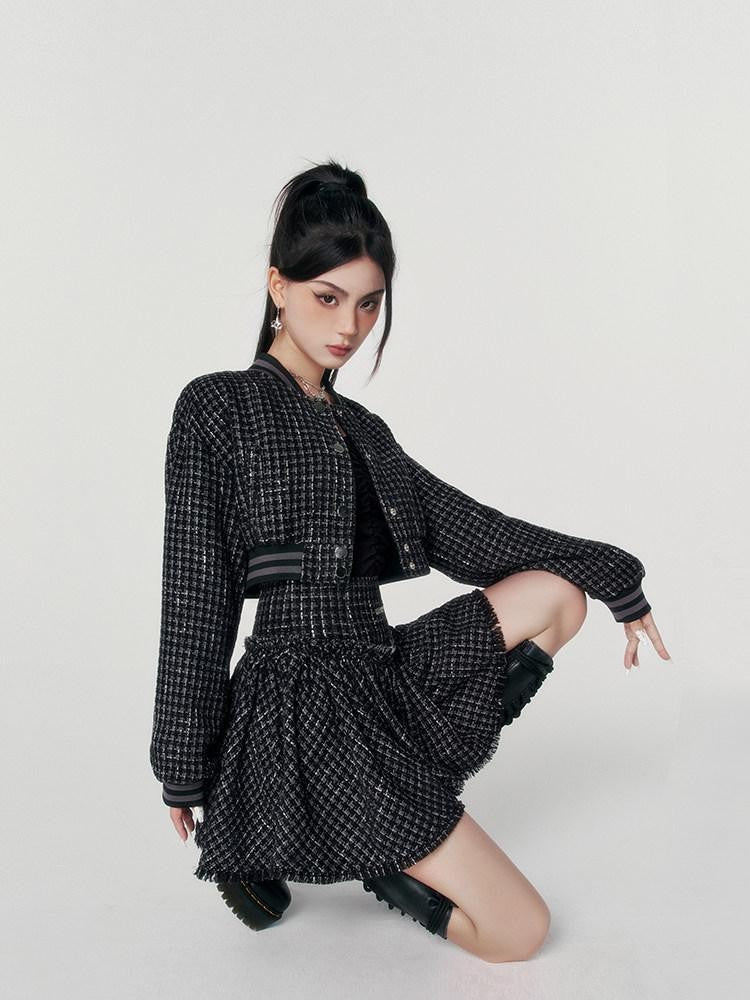 VOCK Tweed Cropped Baseball Jacket High Waist Women's Polyester Matching Skirt Sets