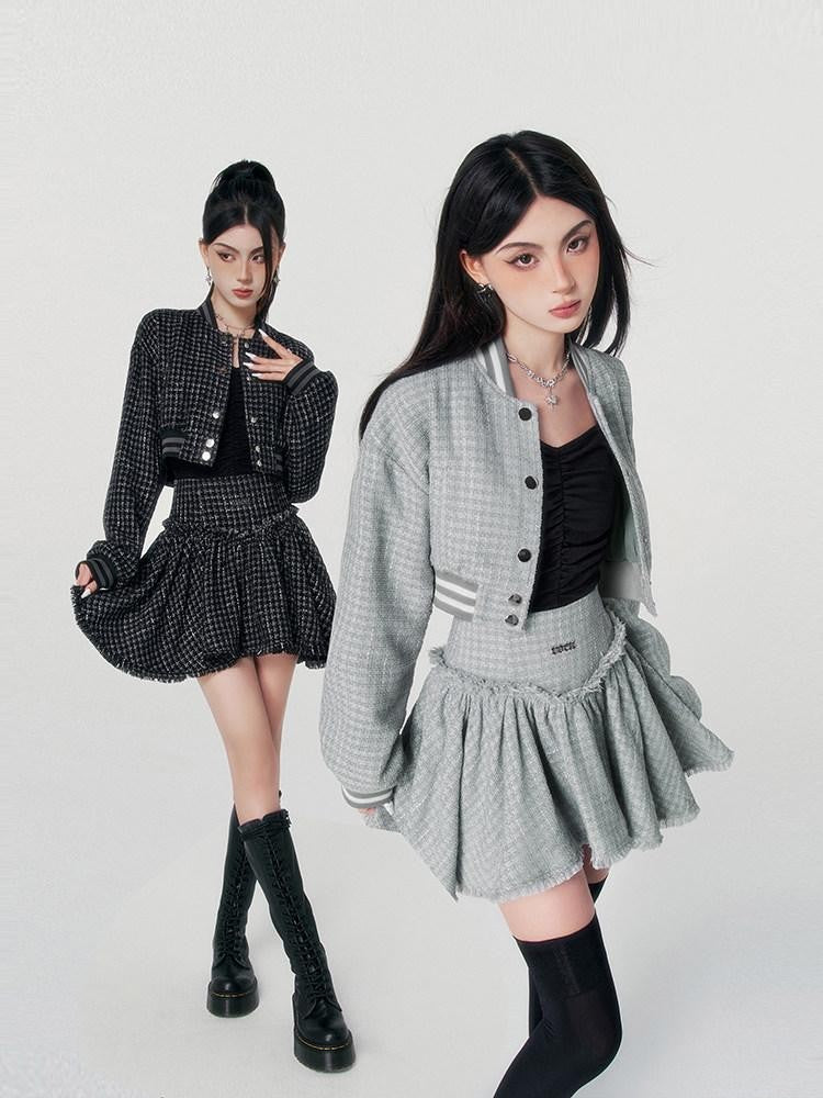 VOCK Tweed Cropped Baseball Jacket High Waist Women's Polyester Matching Skirt Sets