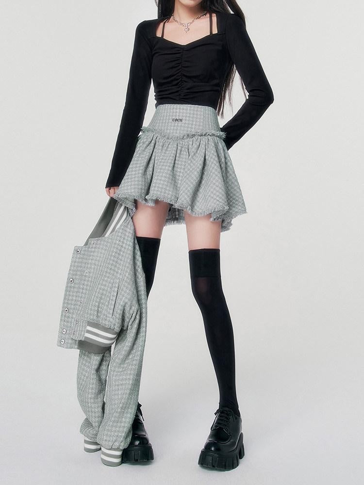 VOCK Tweed Cropped Baseball Jacket High Waist Women's Polyester Matching Skirt Sets