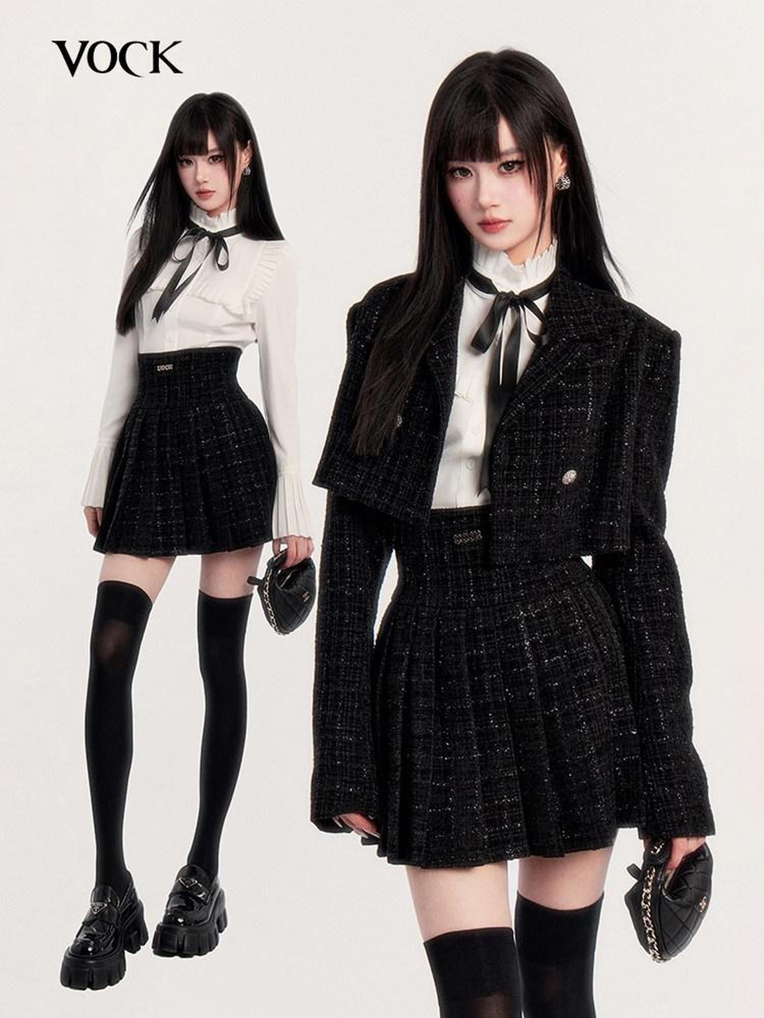 VOCK Tweed Pleated High Waist Puff Sleeve Women's Shirt Matching Skirt Sets